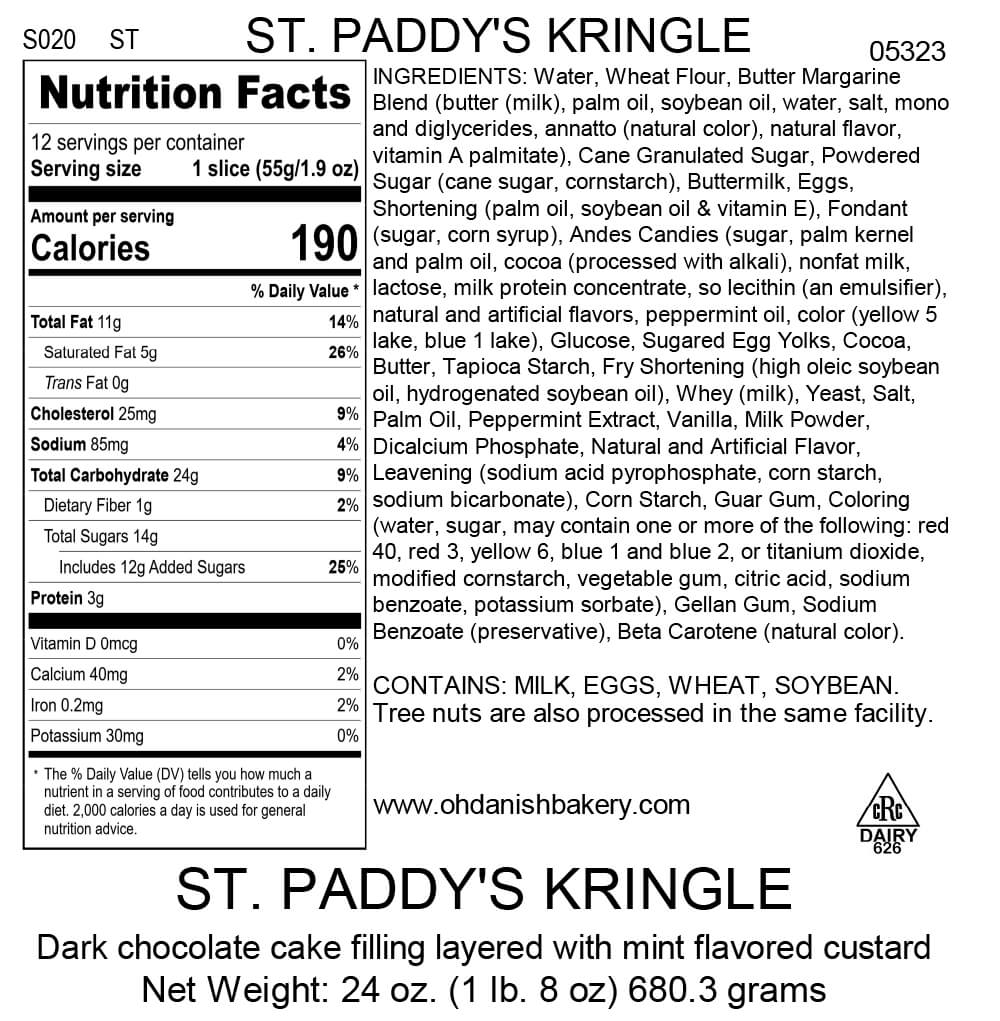 Nutritional Label for St. Paddy's Kringle