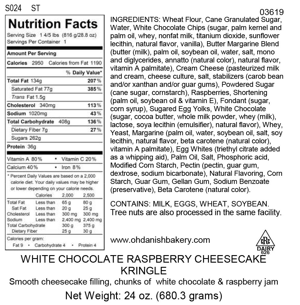 Nutritional Label for White Chocolate Raspberry Cheesecake Kringle