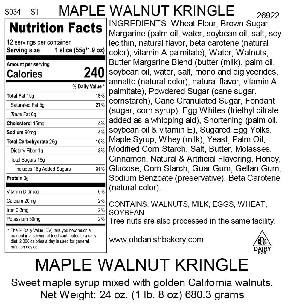 Nutritional Label for Maple Walnut Kringle