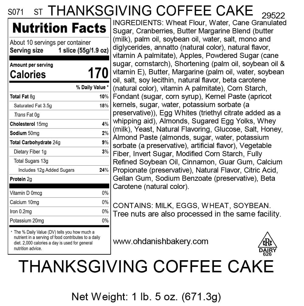 Nutritional Label for Thanksgiving Coffee Cake