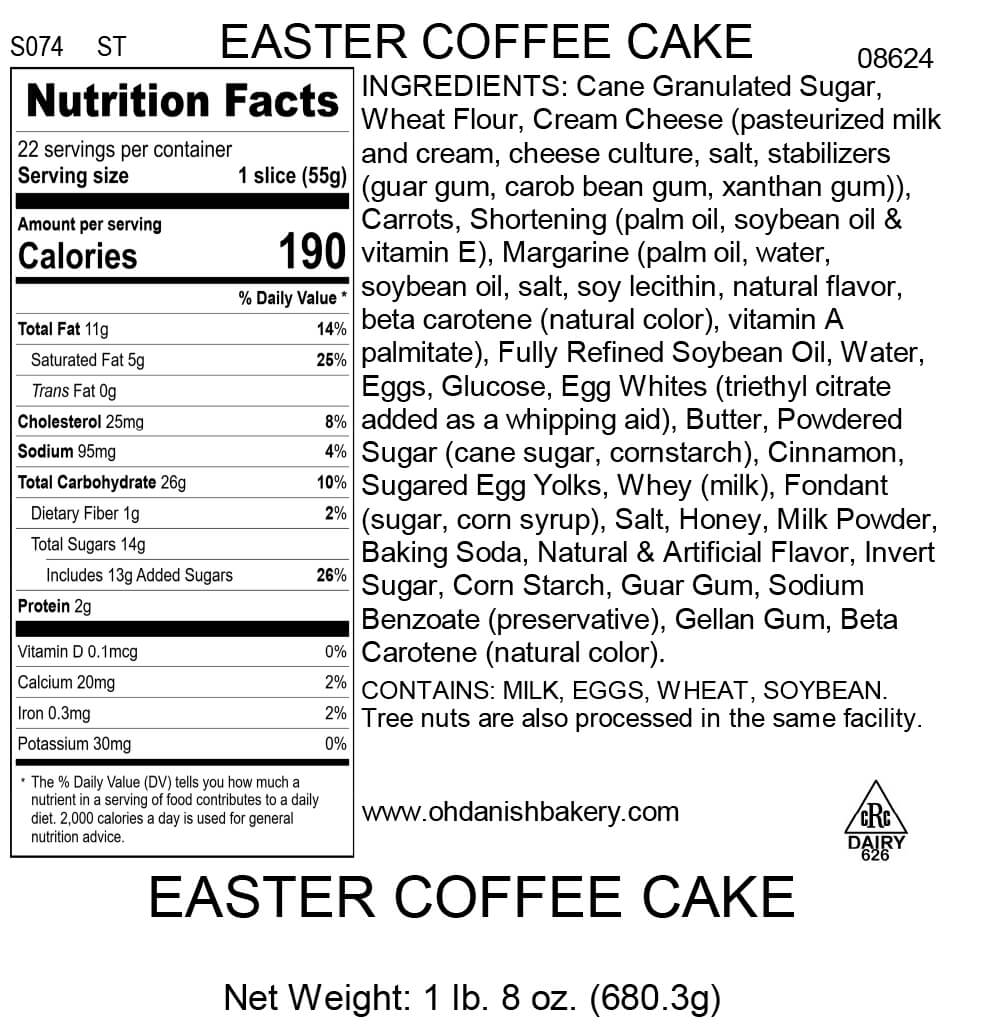 Nutritional Label for Easter Coffee Cake