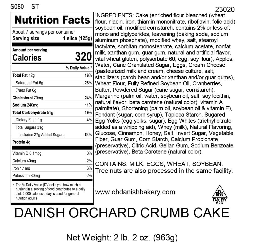 Nutritional Label for Danish Orchard Crumb Cake