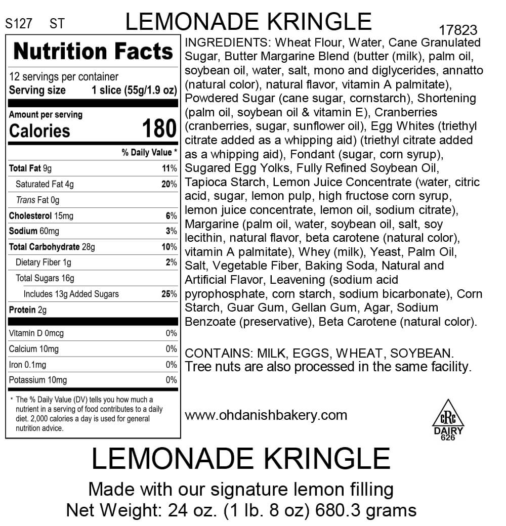 Nutritional Label for Lemonade Kringle