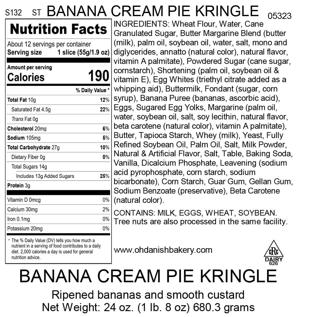 Nutritional Label for Banana Cream Pie Kringle