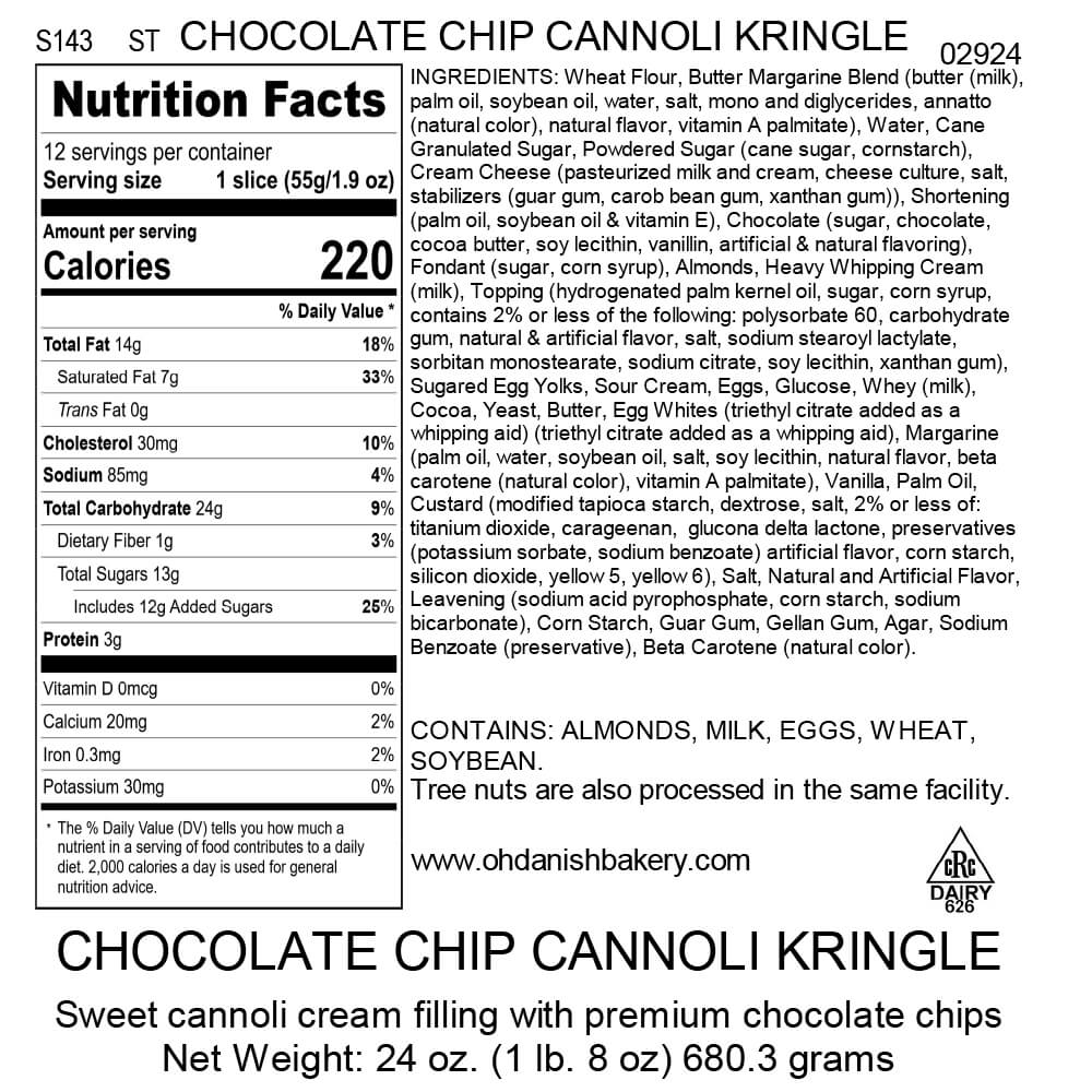 Nutritional Label for Chocolate Chip Cannoli Kringle