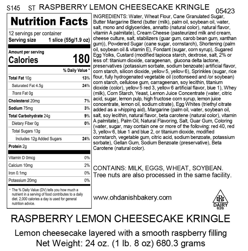 Nutritional Label for Raspberry Lemon Cheesecake Kringle