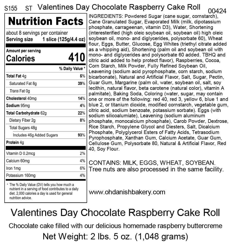 Nutritional Label for Valentines Day Chocolate Raspberry Cake Roll