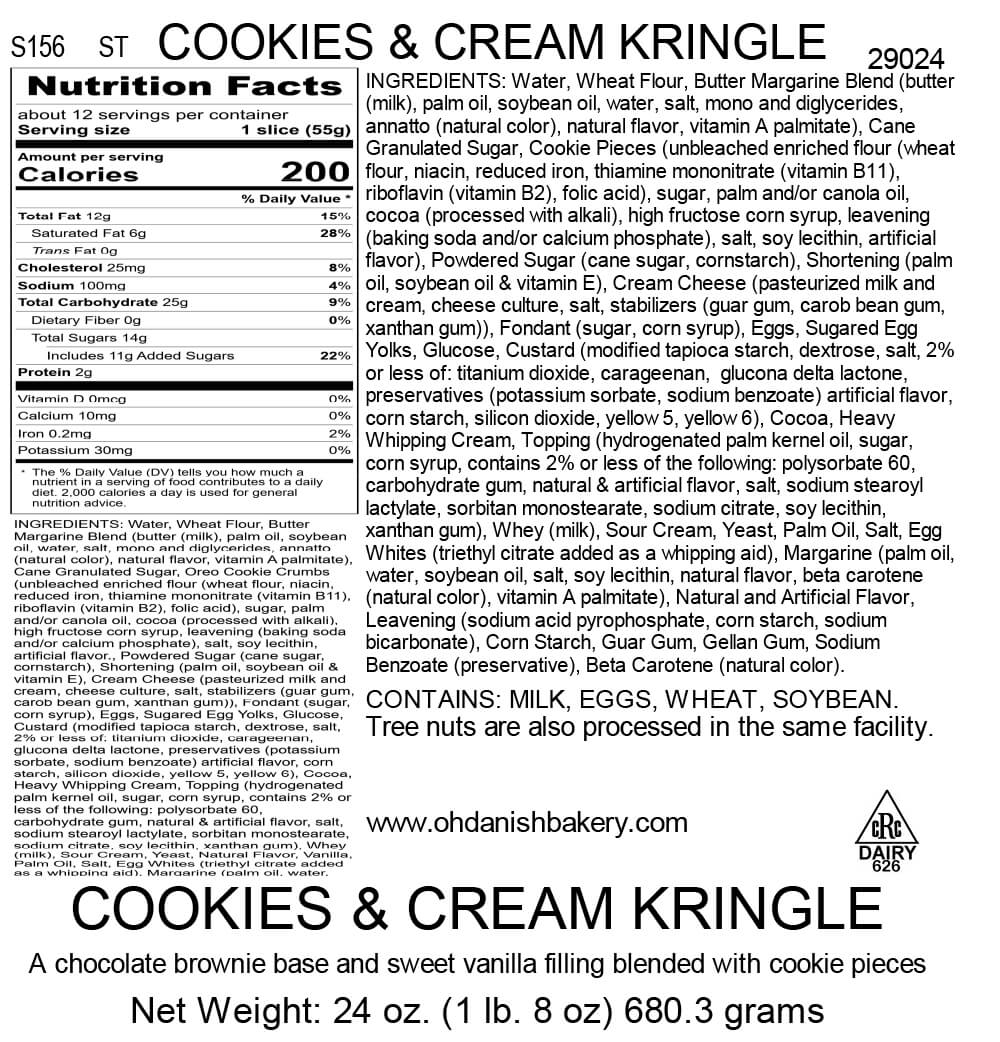 Nutritional Label for Cookies and Cream Kringle