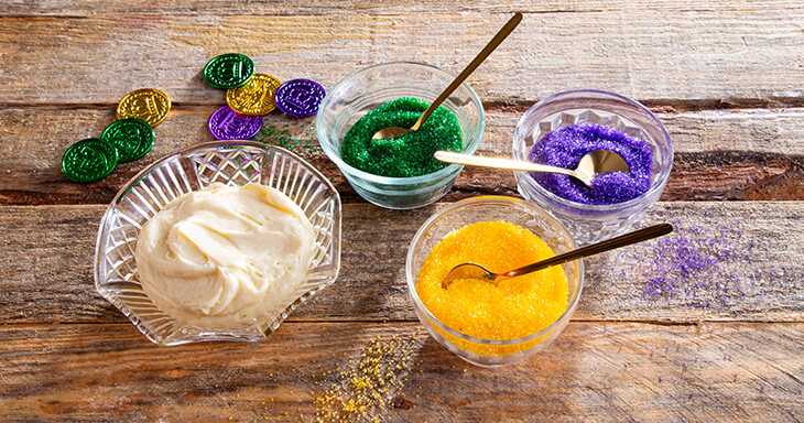 Smooth Wisconsin Cream Cheese Filling with Colored Sugar for Mardi Gras.