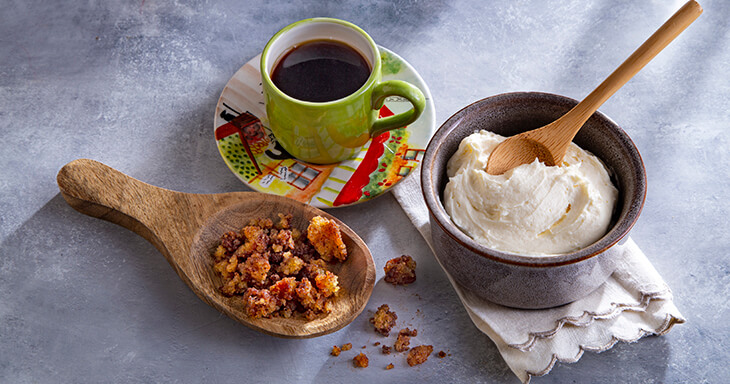 Coffee infused cake base with a mascarpone style filling.