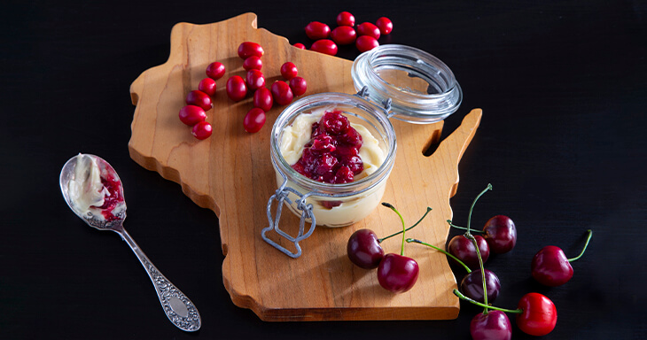 This filling is made of Smooth Wisconsin Cream Cheese, Door County Montmorency Cherries and Cranberries from Wisconsin Bogs.