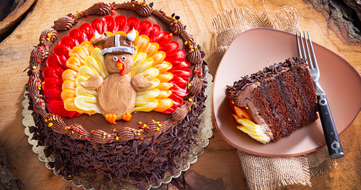 Thanksgiving chocolate layer cake with turkey design